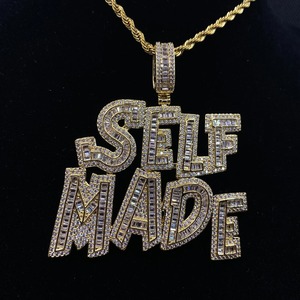 SELF Made Rhodium Plated Silver Iced Out <b>Letter</b> Pendant Necklace with Claw Setting for Men's Hip Hop Party Occasion - Product Image 5