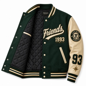 Veste universitaire pour homme, corps vert, manches en cuir crème, patch brodé, style preppy, vêtement d'automne, veste universitaire - Product Image 4