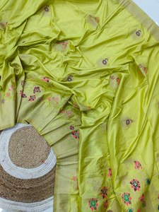 Lime Olive <b>Green</b> <b>Silk</b> Saree Gold Zari Floral Meenakari Weaving Border Matching Blouse Piece Prayosha Enterprise - Product Image 6