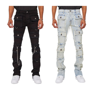 Jean cargo rétro imprimé, style streetwear haut de gamme, coupe droite, effet délavé, plusieurs poches, effet usé. - Product Image 5