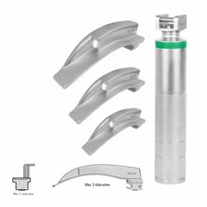 Macintosh Integra Corps chromé mat |   Ensemble de laryngoscopes à fibres optiques pédiatriques et pour adultes |   Ensemble de 7 lames avec manche - Product Image 1