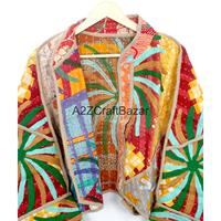 Veste Kimono Bohème Kantha Unisexe en Coton Matelassé Respirant Imprimé Patchwork Fait Main, Motif Floral Vintage, Printemps Hiver