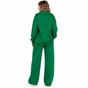 Trendy <b>Women</b>’s Green <b>Quarter</b> <b>Zip</b> Tracksuit Set Custom Logo Relaxed Fit Wide Leg Pants Casual Athleisure Streetwear Manufacturer - Product Image 2