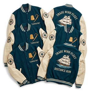 Chaqueta universitaria al por mayor, azul marino, cuerpo de lana, mangas de cuero marrón óxido, bordado de letras 'Wooden Hull Guild Shipwright Adze' - Product Image 3