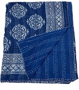 Hand Block Printed Kantha <b>Quilt</b> Blue Cotton Traditional Indian Stitched Eco-Friendly Wedding Hotel Folded Home Decor <b>Throw</b> Cover - Product Image 3