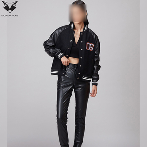 Veste universitaire noire pour femme, manches longues, logo brodé 06 sur le devant, manches en cuir PU, coupe classique, vêtements décontractés d'automne - Product Image 2