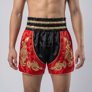 Custom Black Red Men Muay Thai Shorts Metallic Gold <b>Applique</b> Patches Kickboxing Trunks Wholesale Custom Logo MMA Fighting Shorts - Product Image 3