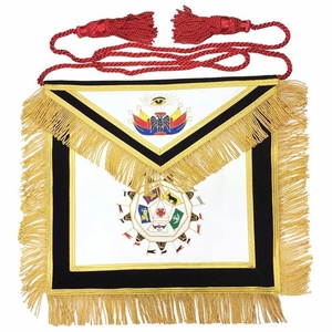 Tablier maçonnique blanc, noir et or, avec franges, motif symbolique brodé, ruban artisanal, simple face, style traditionnel - Product Image 1
