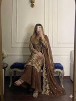 Ensemble de robe Anarkali brodée marron, robe pakistanaise, ensemble Lehenga à manches longues avec dupatta pour fête et mariage
