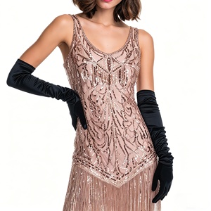 <span class=keywords><strong>Robe</strong></span> de soirée à franges et sequins style Gatsby des années 1920 pour femme, rose doré, sans manches, col en V - Product Image 3