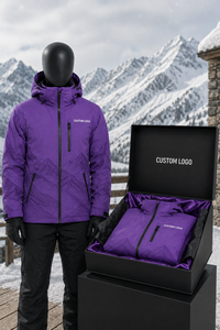 Veste de ski pour homme de couleur violette, imperméable, à capuche, avec fermeture éclair, logo personnalisé sur le devant, veste de ski synthétique pour homme en vente, design unique - Product Image 6
