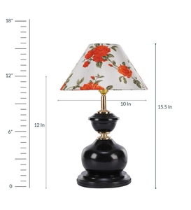 Vintage floral <b>table</b> lamp rose pattern fabric shade black metal base artistic <b>bedside</b> nightstand light home decor accent elegant - Product Image 1