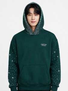 เสื้อฮู้ดดี้โอเวอร์ไซส์สีเขียวบุโพลีเอสเตอร์สำหรับผู้ชาย ยี่ห้อ Oneten  ตกแต่งด้วยลายตัวอักษรและคริสตัลวิบวับ เหมาะสำหรับฤดูหนาว - Product Image 4