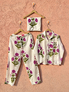 Conjunto de Pijama de Algodón Ecológico con Estampado Floral |   Conjunto de Pijamas de Lujo de Tres Piezas para Mujer, Verano |   Camisa con botones, pantalones y bolsa para dormir - Product Image 6