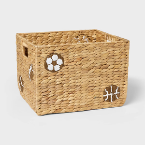 Boho Sports Embroidered Water Hyacinth Basket Cutout Handles Open Top Woven Storage <b>Bin</b> Kids <b>Bedroom</b> Decor Box - Product Image 1