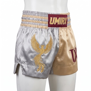 Pantalones Cortos de Artes Marciales Muay Thai de Satén, Dos Tonos, Plateado y Dorado, con Parche Bordado de Fénix, Cintura a Rayas, Logotipo Personalizado - Product Image 3