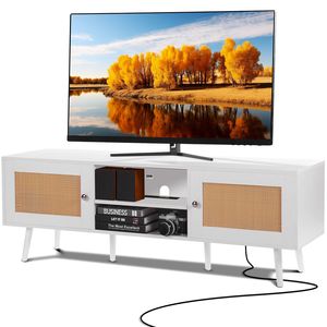 Mobile TV Moderno Boho per TV da 65 Pollici, Centro Intrattenimento con Ante in Rattan, Porte USB e Presa di Corrente Integrate - Product Image 1