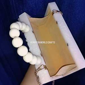 Elegant white resin clutch with beaded handle, <b>crystal</b> embellishments, and gold chain for weddings and parties. - Product Image 4