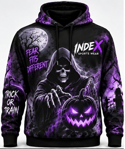 Sudadera con Capucha para Hombre, Diseño de Calabaza de Halloween, Estilo Casual Urbano, Corte Regular, Color Morado y Negro, Estampado Completo - Product Image 1