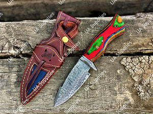 Cuchillo Táctico de Supervivencia y Camping de Acero de Damasco de Grado Industrial de Alta Calidad con Hoja Fija de Punta Caída y Mango de Madera Pakka con Funda de Cuero - Product Image 2