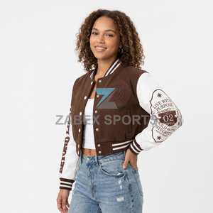 Premium Women's Regular Varsity Jacket <b>Covered</b> <b>Button</b> Contrast Sleeve Genuine Leather Waterproof Windproof Silk Lining Fashion - Product Image 3