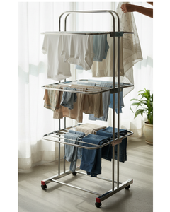 Séchoir à linge télescopique portable en acier inoxydable à trois niveaux, support de séchage pliable, organisateur de vêtements réglable - Product Image 4