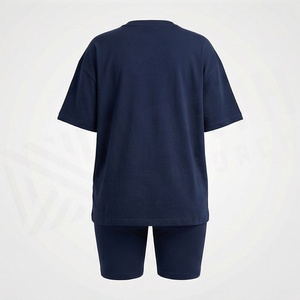 Women's 2 Piece <b>Knitted</b> Solid Navy Blue Crew Neck Short Sleeve T Shirt and Above Knee Shorts <b>Set</b> Casual Loose Fit Daily Wear - Product Image 2