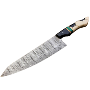 Couteau de chef à motif Damas argenté avec manche géométrique noir et crème, accent rayé multicolore, lame fixe, couteau de cuisine pour trancher - Product Image 2