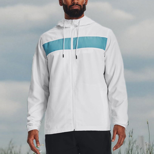 Veste coupe-vent à capuche pour homme, blanche, avec fermeture éclair à blocs de couleur bleue, vêtement d'extérieur décontracté pour le printemps, protection UV - Product Image 5