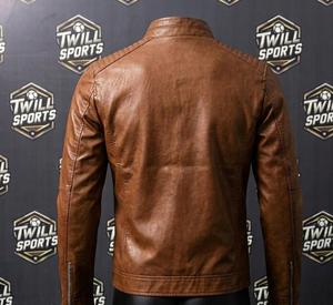 Men's Brown Genuine Leather Casual Waterproof Moto <b>Jacket</b> Stand Collar Zipper Closure <b>Slim</b> <b>Fit</b> Regular Sleeve Solid Color Winter - Product Image 3