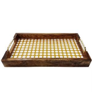 Premium Wooden Serving <b>Tray</b> with Gold Geometric Printed Base and Metal Handles | Decorative <b>Breakfast</b> Coffee Tea Snack Serving - Product Image 2