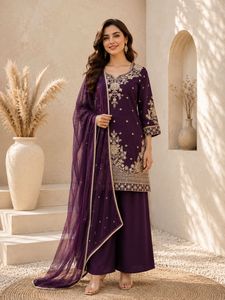 Purple Embroidered Salwar Kameez Set <b>Reversible</b> Stretch Wrinkle Free Wedding Diwali Party <b>Dress</b> with Dupatta - Product Image 1