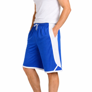 Shorts de sport pour homme, bleu et blanc, à rayures latérales, séchage rapide, taille mi-haute, cordon de serrage, longueur Bermuda, 100 % polyester, maille tricotée - Product Image 1
