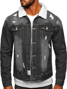 Veste en jean gris foncé déchiré pour homme avec col en fausse fourrure, manteau d'hiver décontracté à revers, simple boutonnage, coupe classique - Product Image 1