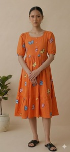 Vestido Maxi Rosa de Lino con Corte en A, Bordado Floral, Manga Corta, Corte Regular, Estilo Vintage Ecológico con Botones, para Fiesta de Verano, para Mujer - Product Image 5