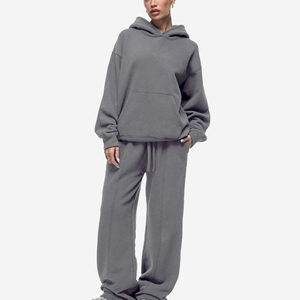 Ensemble de survêtement court à capuche bleu pour femme, avec pantalon de jogging moulant, décontracté, 2 pièces, en coton tricoté, pour l'hiver - Product Image 1