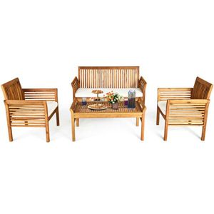 Set di Mobili da Esterno in Legno di Acacia a 4 Pezzi, Divano Bianco con Cuscini per Balcone o Giardino - Product Image 3