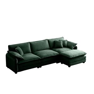 Divano Sezionale a L a 3 Posti Oversize in Velluto a Coste Verde con Pouf, Arredamento per Soggiorno con Un Poggiapiedi per Camere da Letto - Product Image 5