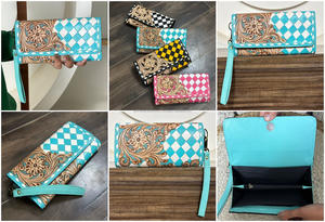 Portefeuille long pour femme 2026, design floral ciselé, en cuir véritable à carreaux, avec pochette à main détachable et protection RFID, par un grand créateur - Product Image 3