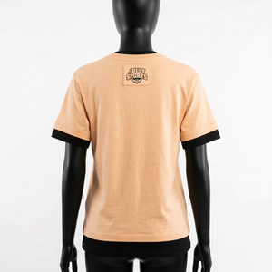 Camiseta de algodón de doble capa para mujer, transpirable, suave, en tono beige, con capa interior en contraste, estampado con relieve, logotipo personalizado, camisetas de doble capa - Product Image 6