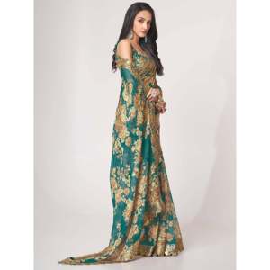 Magnifique Saree classique en organza à imprimé floral bleu sarin avec chemisier Zeel Clothing non cousu - Product Image 6