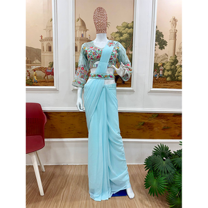 Sari de Boda de Diseño Indio de la Mejor Calidad, en Faux Georgette con Bordado Butta, para Venta Global - Product Image 1