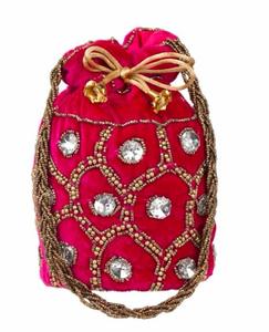 Pink Velvet Crystal Stone Potli Bag Ladies Embroidered Clutch <b>Handbag</b> 100% Pure Cotton Lining Braided <b>Handle</b> Drawstring Evening - Product Image 1