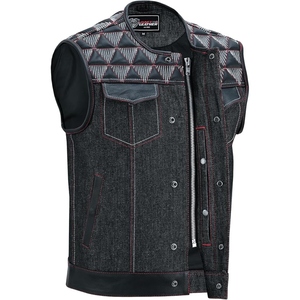 Gilet de motard personnalisé pour homme en denim noir et cuir véritable, avec encolure brodée style western, pour club de motards, fabricant OEM - Product Image 4