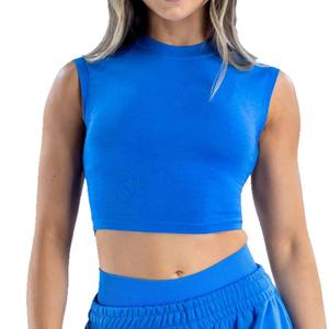 Haut court sans manches en coton et bambou écologique pour femme, bleu uni, col rond, tissé, broderie 3D, respirant et ajusté - Product Image 1