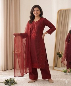 Mul Chanderi Silk Hand Mirror Salwar Kameez with Dupatta Women Traditional Party Wedding Wear India Pakistan Style 85335 LG-2106 - Product Image 2