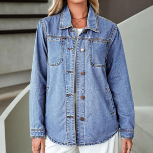 Plus Size Knitted Denim Shirt Women Skinny Long <b>Top</b> <b>Asymmetrical</b> <b>Hem</b> Two Pocket Vintage Casual Winter Front Button Eco-Friendly - Product Image 5