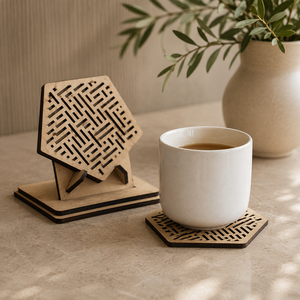 Geometric Hexagon Laser Cut Solid Wood Coaster Set Handcrafted Heat Resistant Drink Mat Modern <b>Table</b> <b>Protector</b> Coffee Tea - Product Image 1