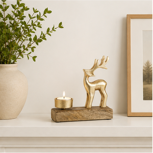 Handmade Gold Aluminum Reindeer <b>Tealight</b> Candle <b>Holder</b> With Natural Mango Wood Base For Christmas Home Decoration Candle <b>Holder</b> - Product Image 3