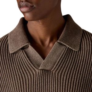 Men Heavy Washed Rib Knit Polo Sweater <b>Brown</b> <b>Long</b> <b>Sleeve</b> Soft Textured Pullover Casual Winter <b>Top</b> Cotton Blend OEM - Product Image 5